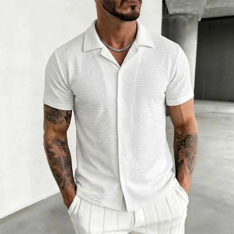 Best seller in the US market! Men’s waffle-textured short-sleeve shirt with Cuban collar — textured fabric, vacation casual, versatile top