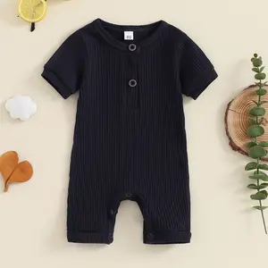 Newborn Baby Short Sleeve Romper Knit Ribbed Solid Color Cotton Jumpsuits  O-Neck Button Pajamas Playsuit