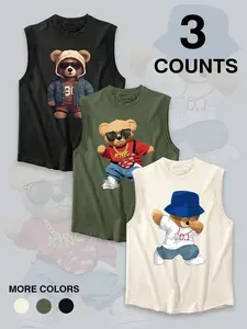 Men's Bear Print Tank Top, Regular Fit Casual Letter Print Sleeveless Top Vest for Summer, Men's Clothes for Daily Wear, Socks, Casual Tank Tops