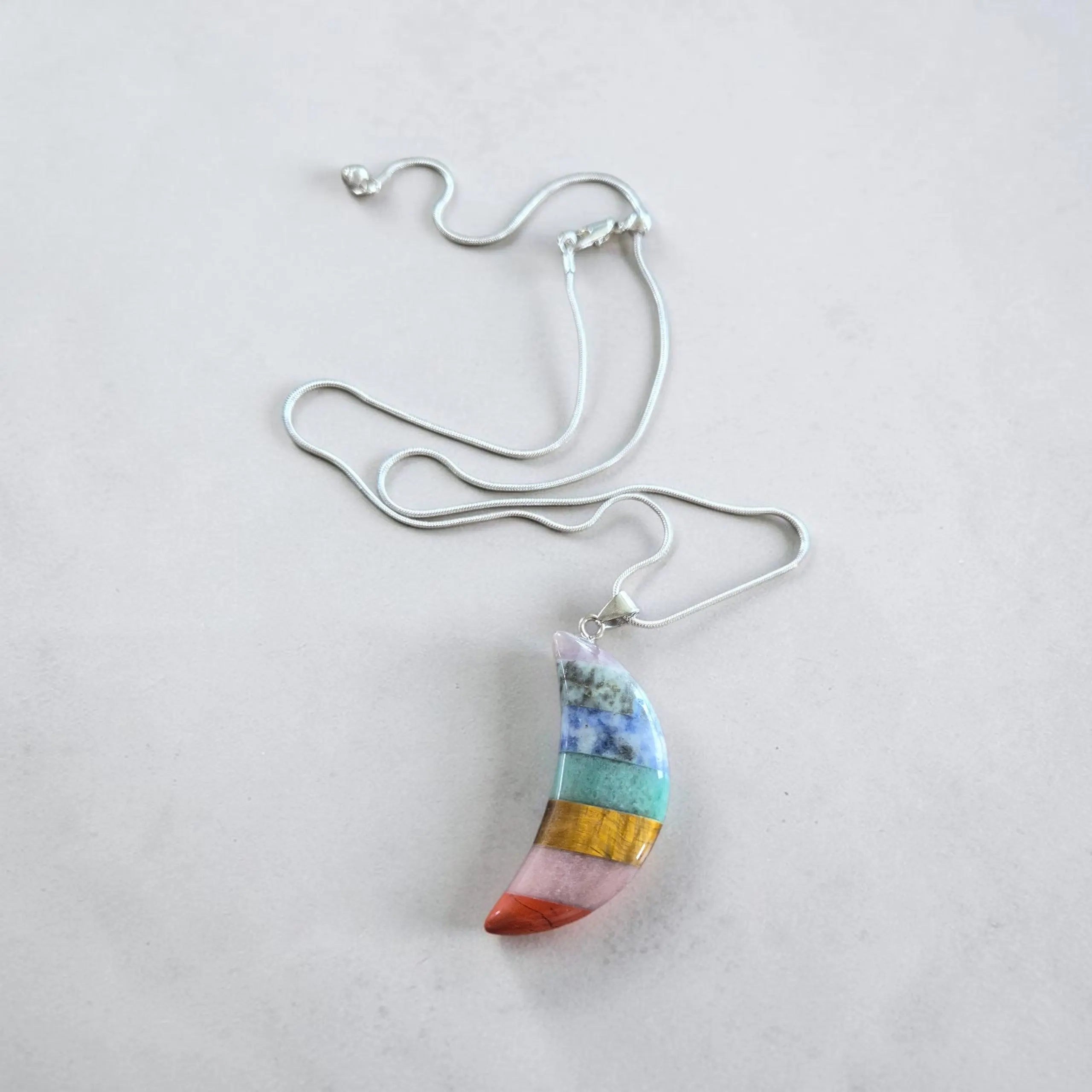 Rainbow Crescent Moon on Adjustable Silver Necklace