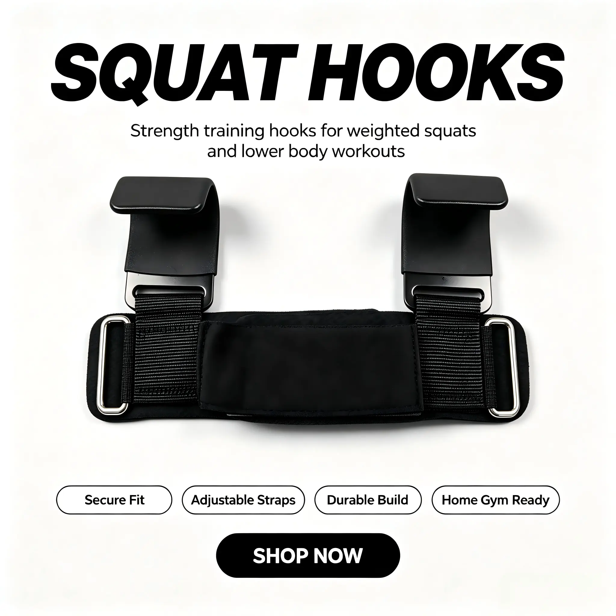 Low Profile Squat Assistance Hooks with Cushioned Pad, Heavy-Duty Solid Steel Dual Hooks and Adjustable Nylon Straps for Unisex Home Gym Strength Training, Stability, Steel & Nylon