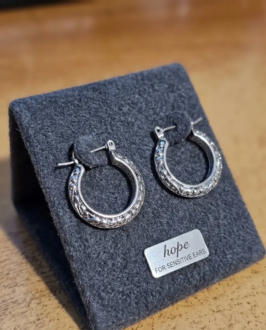 Unisex Antique Silver Round Hoop Earrings - Small Size Sparkling Silver Earrings with Ornate Ethnic Raised Engravings, Chunky Huggie-Style with Secure Hinged Latch, Secure Latch, Everyday Wear, Bohemian Silver Earrings, Daily