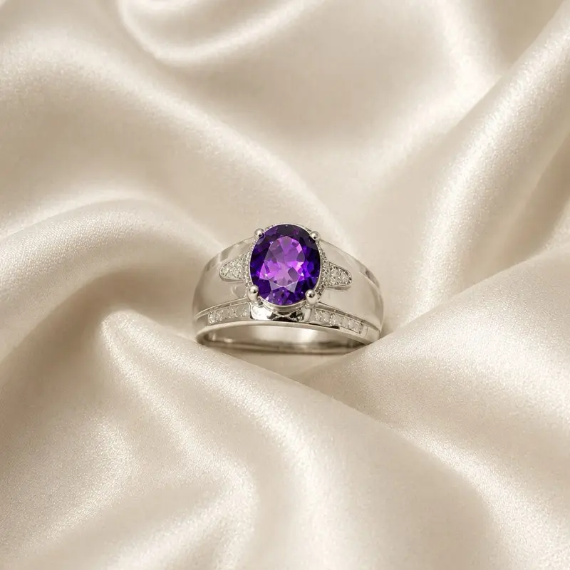 925 Sterling Silver Amethyst and Diamond Ring, Size 10