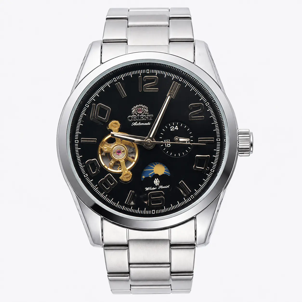 Orient Men Automatic Mechanical Watch, Open Heart Skeleton Dial, Moon Phase & 24-Hour Indicator, Stainless Steel & Leather Strap Options, Classic Business Casual Wristwatch, Luminous Numerals, Water Resistant Dress Watch for Men