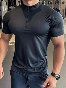 Men's Solid Half Zipper Slim Fit Short Sleeve T-Shirt, Casual Sports Fitness Wear for Summer, Stylish Minimalist Athletic Top, Athletic Sports Clothing, Gym Athletic Clothes