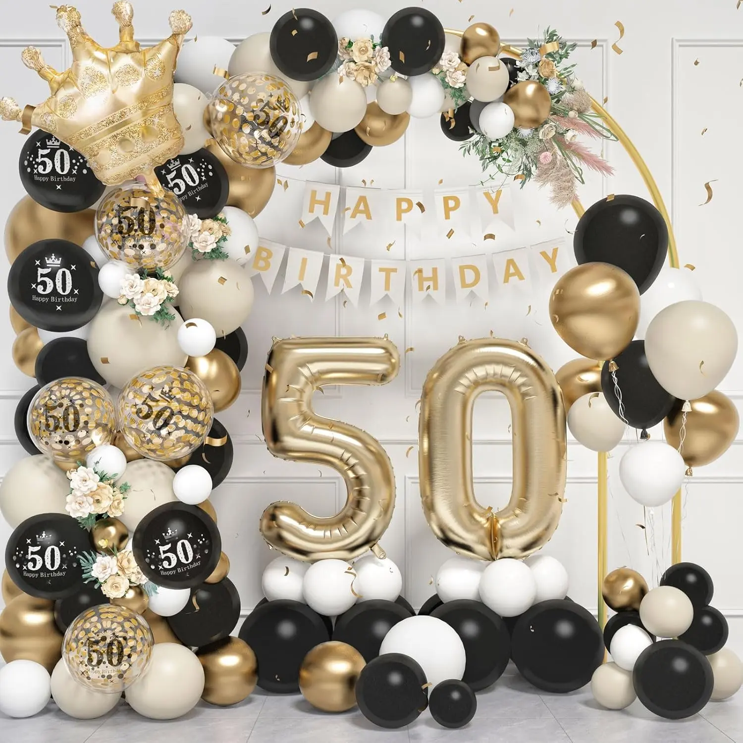 50th Birthday Balloon Garland Arch Kit Black, Gold, Sand & White with Number 50 Foil Balloons