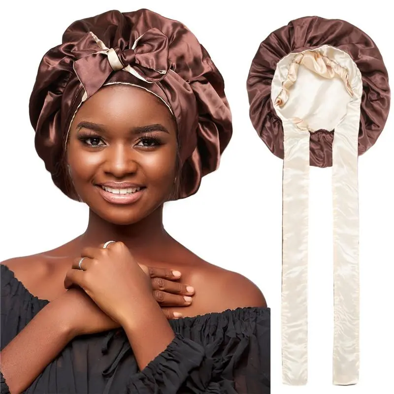 Double-Layer Brown&champagne Satin Bonnet Sleep Cap for Women Curly Hair Wrap for Sleeping Cap Adjustable Reversible Bonnets with Tie Band Night Cap