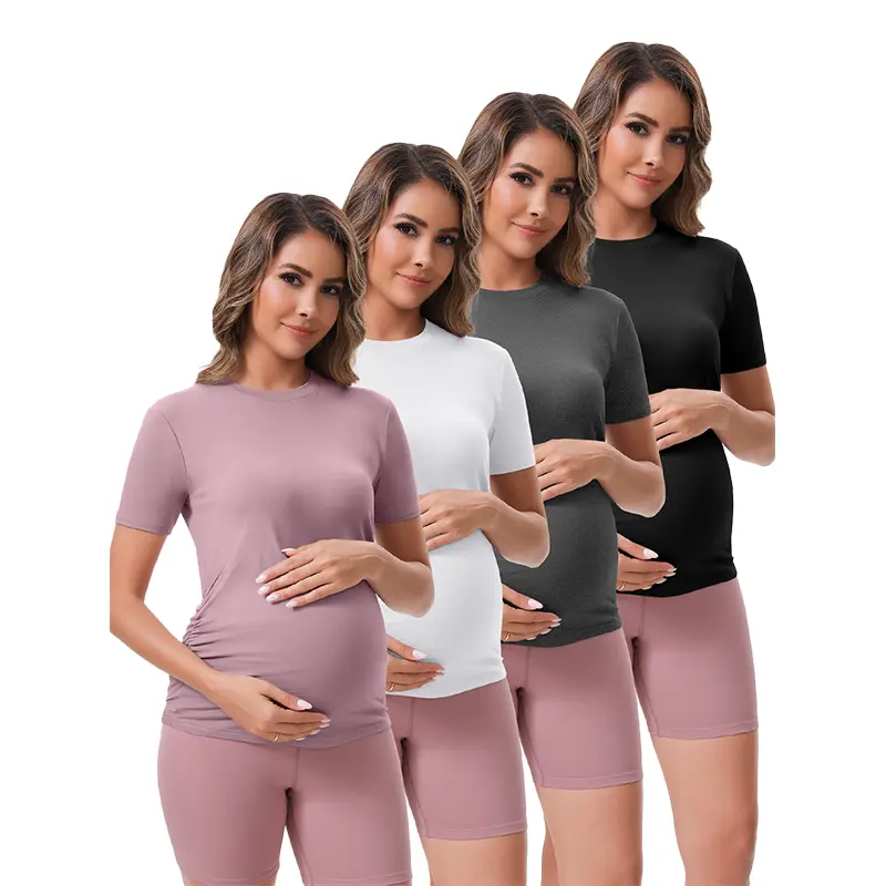 HOPLYNN  4 PACK Women's Maternity Shirts Sleeve Casual Crew Neck Undershirts Athletic Moisture Wicking Side Ruched