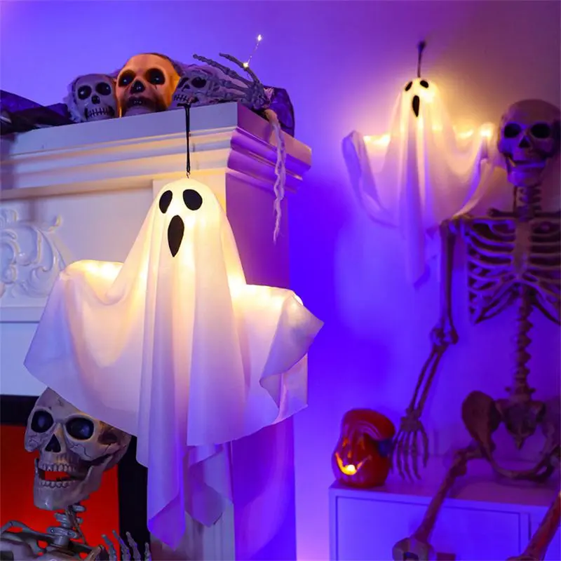 20 Inch Halloween Floating Ghost Figures with String LED Lights - Adjustable Spooky Holiday Effects Decorations for Front Porch Outdoor Home Supplies