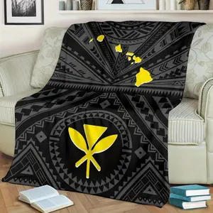 Hawaiian Kanaka Maoli & Map Design Blanket - Black Geometric Hawaiian Quilt With Yellow Leaf Motif, Polyester, Machine Washable, Perfect For Sofa, Bed, Car, Office, Camping - All-Season Gift Idea, Travel Blanket | Geometric Pattern | Quilted Craftsmanship