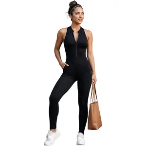 Sleeveless Halter Jumpsuit with Front Zipper Bodycon Catsuit Tummy Control Yoga Romper Black