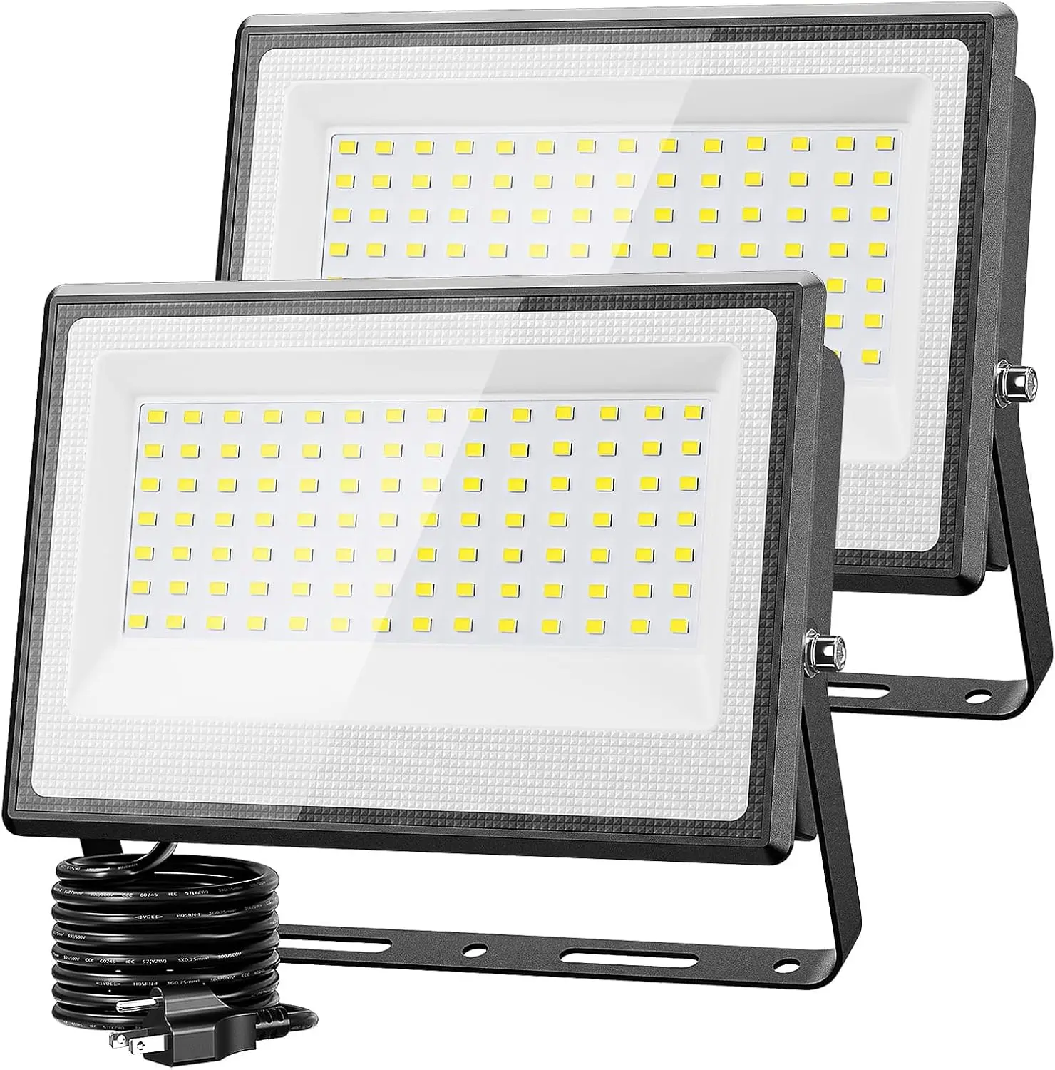 2-Pack Rectangular 130.0 Watts LED Flood Lights Outdoor, IP66 Waterproof Adjustable Exterior Security Lights with Plug, 13000lm, 6500K Daylight, Heat Dissipation & LED Chips (500W Equivalent), 4-6 Years Lifespan, 59.06 Inches for Yard