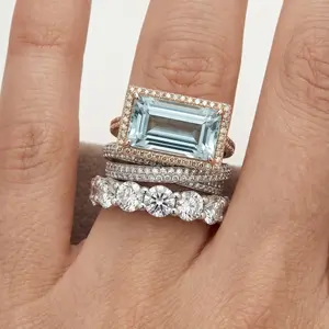 3PCS Stackable Ring Set for Women Emerald Cut Aquamarine Blue CZ Iced Out Hypoallergenic No Tarnish Copper Ring Set for Daily Wear Party y2k Accessories