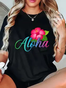 100% Cotton Unisex Aloha Hawaii Beach Hawaiian Island Flower Luau Party Vintage T-Shirt Casual Top