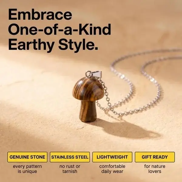 Natural Stone Mushroom Pendant Necklace - Stainless Steel Chain - Unisex Crystal Healing Jewelry (Random Color)