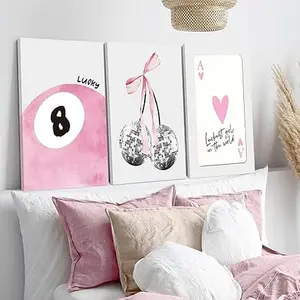 JBZZD Pink Coquette Canvas Wall Art Set of 3 Trendy Preppy Disco 8 Ball Cherry Wall Decor Posters Room Decor Prints Pictures for College Apartment Girls Bedroom Living Room Unframed
