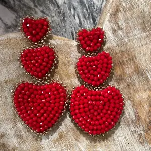 Heart Beaded Earrings - Red Heart Design with Beads, Elegant and Stylish Accessory