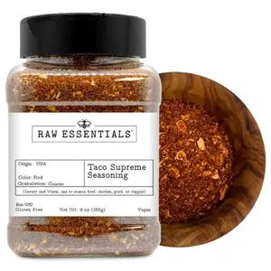 Raw Essentials Taco Supreme Seasoning - Bold, Zesty and Savory Flavor - Use to Season Beef, Chicken, Pork or Veggies - Great for Mexican Dishes - Non GMO, Gluten Free and Vegan - Large 9 Ounce Bottle