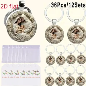 36Pcs/12Sets 2D Flat Virgin Mary Manger Scene Alloy Keychain Set, Perfect for Baptism, First Communion, Birthday, Christmas, Thanksgiving, Anniversary, Confirmation, Wedding, Festival Decoration, Back to School, Teacher's Day, Party Favors and Religious S