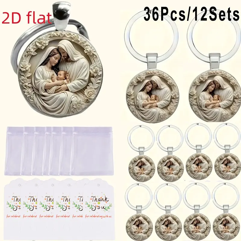 36Pcs/12Sets 2D Flat Virgin Mary Manger Scene Alloy Keychain Set, Metal Keychains, Baptism, First Communion, Birthday, Christmas, Anniversary, Confirmation, Wedding, Festival Decoration, Party Favors