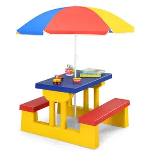 Outdoor Picnic Table Set with Foldable UV Protection Umbrella, Lightweight PP Activity Table for Playing Eating -Yellow