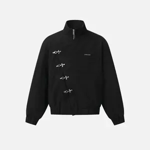 Aelfric Eden Metal Button Boxy Jacket Black Long Sleeve Stand Collar Slant Placket Unisex Fashion Street Jacket Retro Y2K