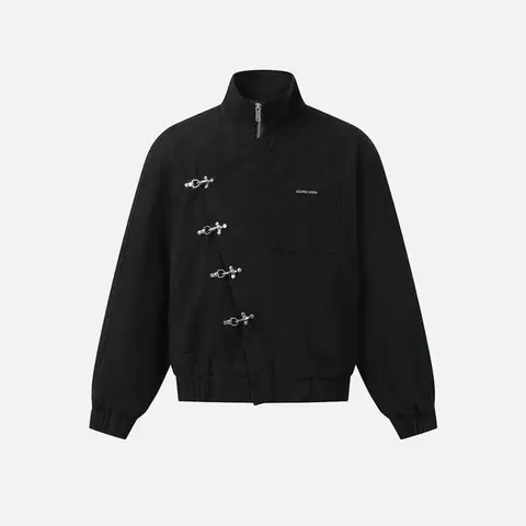 Aelfric Eden Metal Button Boxy Jacket Black Long Sleeve Stand Collar Slant Placket Unisex Fashion Street Jacket Retro Y2K,clothes for back to school,first day of school outfits