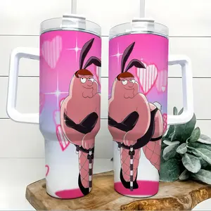 40oz Heat-Resistant Stainless Steel Flask - Funny Bunny Peter Griffin Family Guy Meme Cartoon Wrap, Wide Mouth Portable Drink Car Cup with Handle and Straw, Prank Fan Gift for Adults