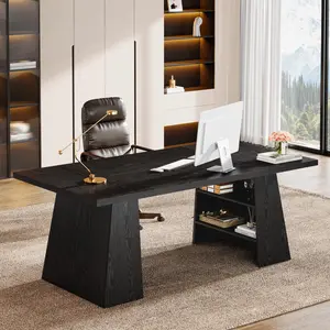 Tribesigns Executive Desk: 63-Inch Modern Black Office Desk with Storage Shelves for Home Office