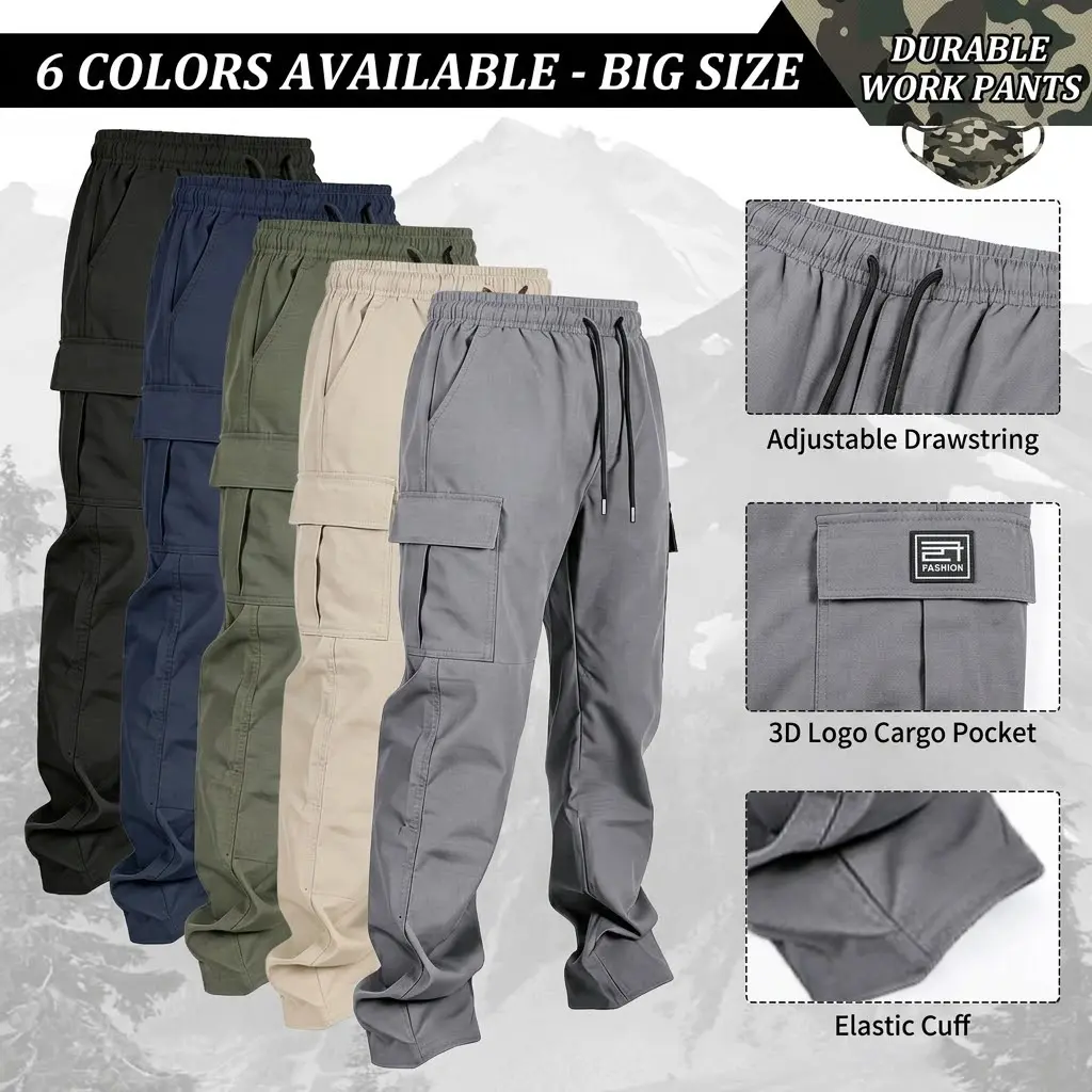 3-pack men’s cargo pants, solid-color work trousers, durable outdoor training pants, available in multiple colors—ideal for outdoor activities, work, hiking, and camping