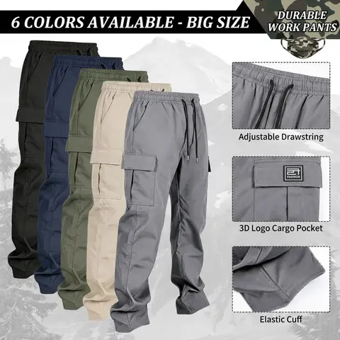 3-pack men’s cargo pants, solid-color work trousers, durable outdoor training pants, available in multiple colors—ideal for outdoor activities, work, hiking, and camping