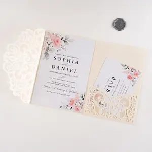 Laser Cut Wedding & Engagement Invitation Cards, Elegant Hollow Out Floral Design, Simple Lace Pattern Greeting Cards