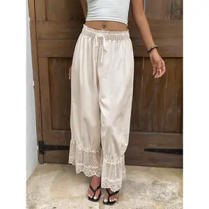Women Lace Trim Long Bloomer Elastic Waist Ruffle Hem Cropped Pettipants Loose Comfy Capri Lounge Pantaloons