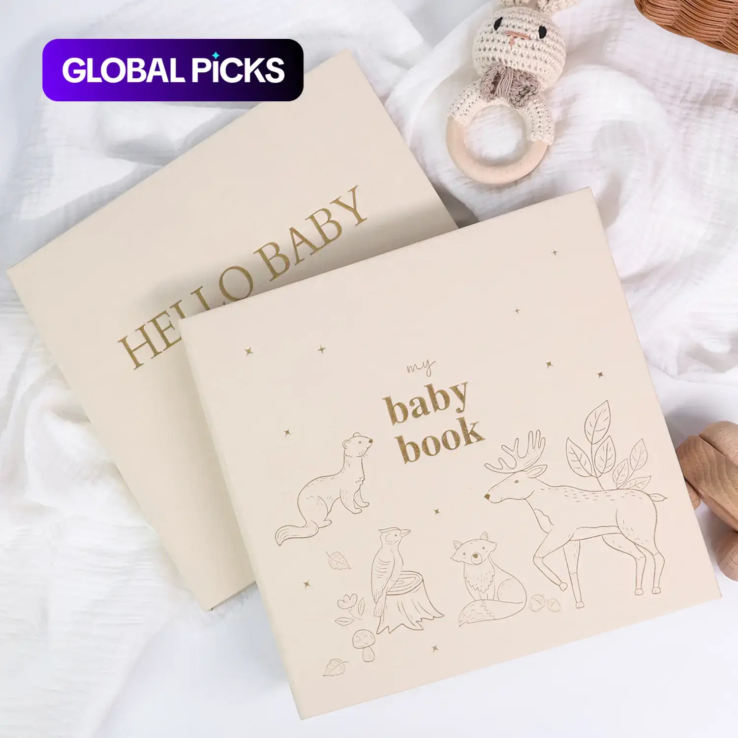 Baby Memory Book, Hello Baby Spiral-Bound Linen Cover Animal Pattern Keepsake Book with 4 Paper Pockets and 12 Monthly Milestone Stickers #GLOBAL PICKS