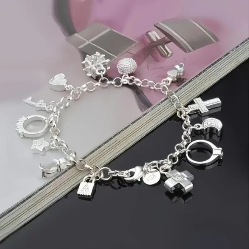 Women's Bohemian Cuban Link Charm Bracelet - Rhinestone Decor Bangles with Heart Key and 13 Handmade Pendants, Female, Boho Chic Aesthetic, Boho Chic Outfits, Handmade Charms