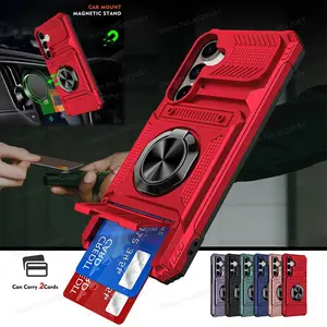 HAY Card Slot Armor Cover for Samsung Galaxy S25 S24 S23 Ultra Plus FE Edge A14 A15 A16 A17 A26 A35 A36 A55 A56 Finger Ring Magnetic Bracket Phone Case Bumper
