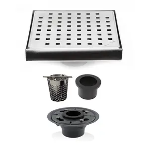 SereneDrains Chrome 6 Inch Floor Drain with Hair Trap & Base Flange Traditional Square Design 304 Stainless Steel 6.36–7.92 GPM Flow Rate