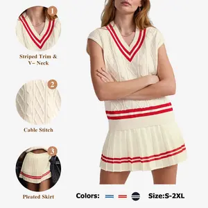 FISOEW Womens 2 Piece Outfits Casual V Neck Sleeveless Knit Vest Pleated Contrast Color Loose Summer Skirt Sets Elegant Clothes two piece set 2 piece sets 2 piece sets women matching sets for women comfort sweat set matching sets tall girl friendly sets