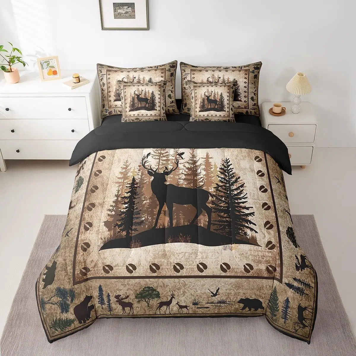 Farmhouse Deer 7 Pieces Bedding Set,Deer Hunting Bed Set Includes Comforter,Sheet Set,Pillowcases Cute Deer Bed in a Bag Bedroom Decor,Western Wild Decor Tree, Animals, Deer Print