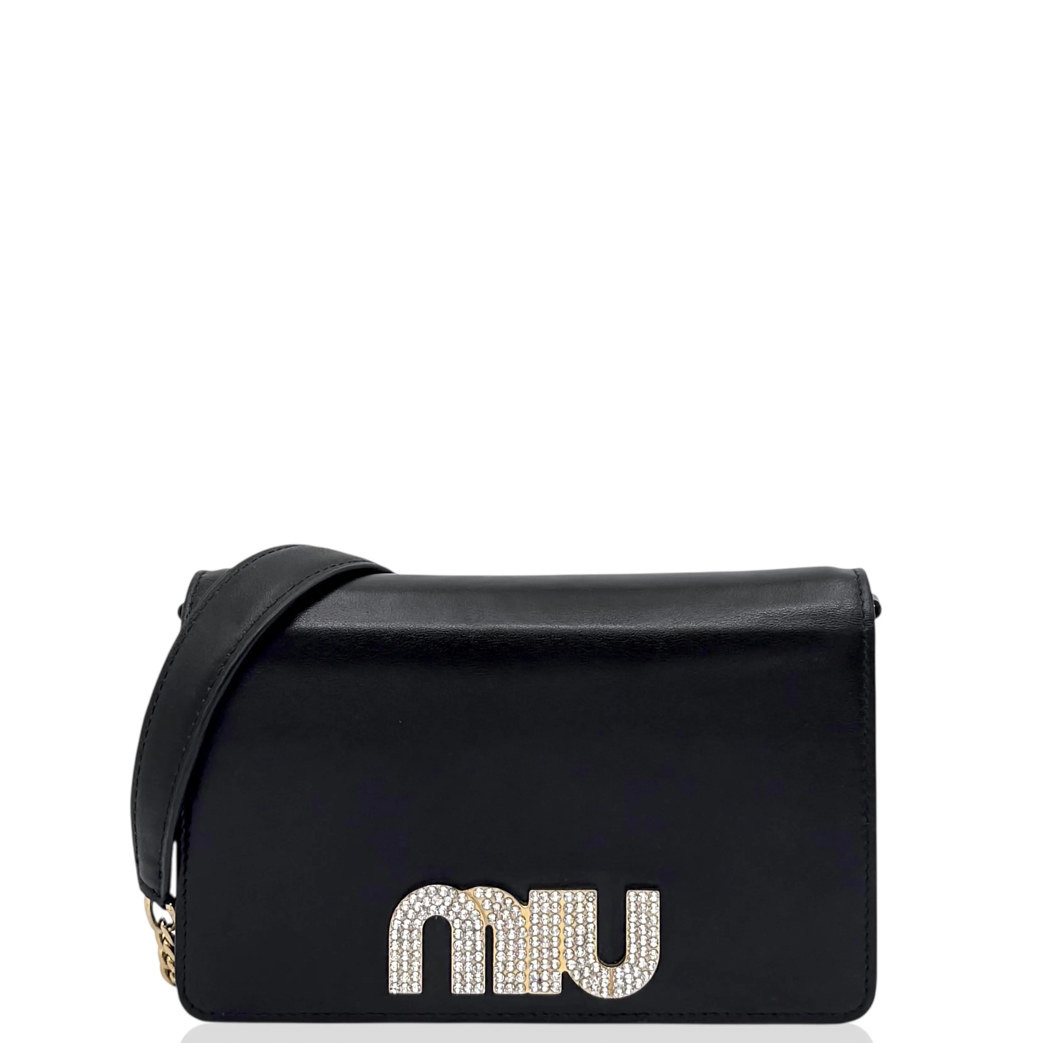 Pre-owned miu miu Leather Shoulder Bags Strass Flap Bag Calfskin Black (jc1223m3)
