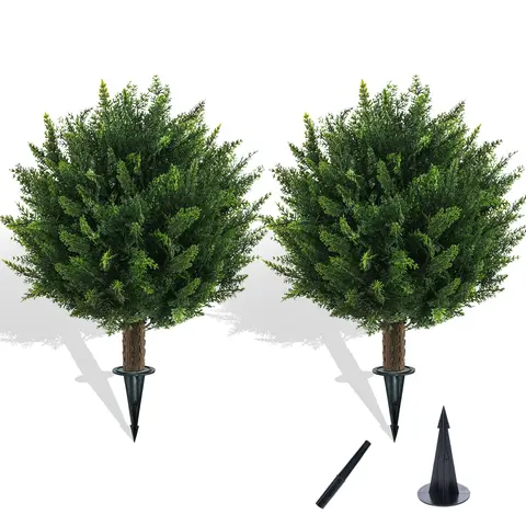 2 Pack 16.3 Inch Artificial Topiary Ball Trees, 21 Inch Total Height with Ground Spikes, UV Fade Resistant PE Fake Cedar Plants, Outdoor Porch Garden Decor