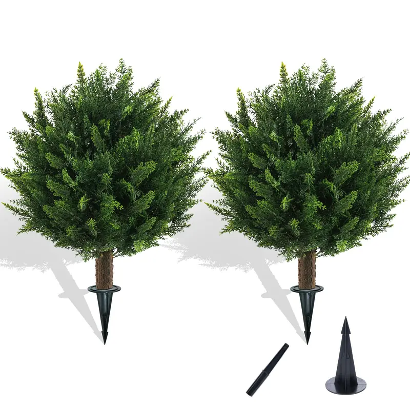 2 Pack 16.3 Inch Artificial Topiary Ball Trees, 21 Inch Total Height with Ground Spikes, UV Fade Resistant PE Fake Cedar Plants, Outdoor Porch Garden Decor
