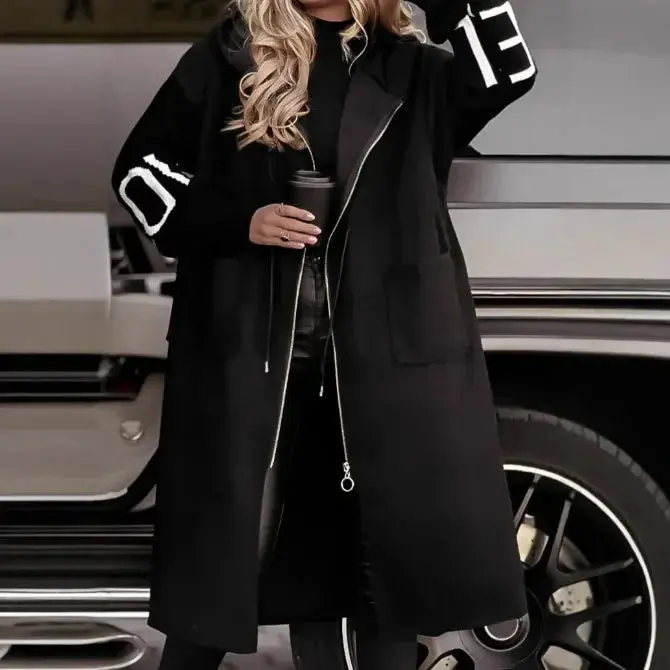 Eu Size Autumn and Winter European and American Pure Color Letter Long Style Hooded Windbreaker Sweater Jacket for Women