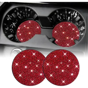 Bling Cup Holder Coasters for , 2 count Universal Non-Slip Cup Holder, Embedded Decorative Coasters, Shiny   Interior Accessories Gifts for Women (Red)