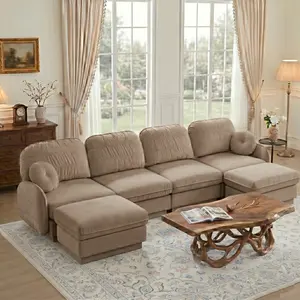 Eyisean 137" Chenille Modular Sectional Sofa, Comfy 4 Seater Upholstered Cloud Couch with Ottoman & Round Pillows , Modern L/U-Shaped Deep Seat Couches for Living Room, Apartment