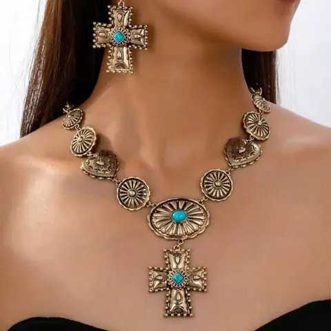 Women's Jewelry Set, Matching Jewelry Set, Vintage Bohemian Style Heart and Cross Pendant Necklace and Earrings with Turquoise Inlay, Western Charm for Daily Wear