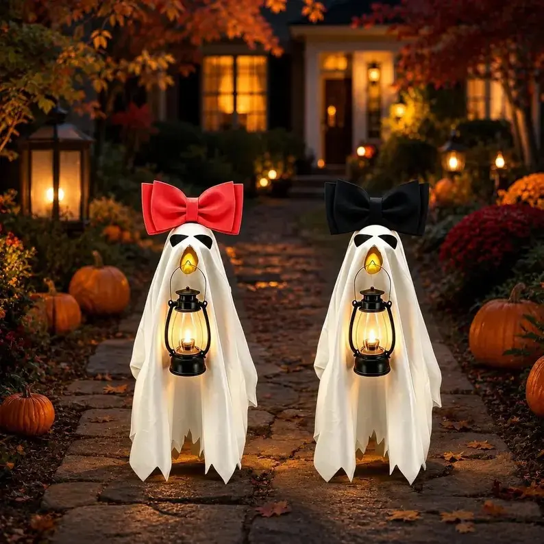 Pre-Lit Fabric Standing Ghost Garden Statue - Gothic Cute Spooky Ghost Theme Decor, Lighted Lantern-Holding Figure with Pink Bow, Halloween Outdoor Porch Fall Home Ornament