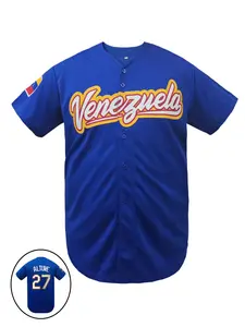 Venezuela 27" Men's Letter & Figure Patched Button Front Baseball Jersey, Embroidered Baseball Jersey, Casual Short Sleeve V-Neck Top for Fall & Winter