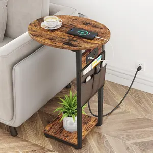C Shaped End Table with  Station, Small Side Table for Couch, TV Tray Table Slide Under Sofa Table for Living Room Bedroom, Round Couch Side Table C Table for Sofa, Rustic Brown