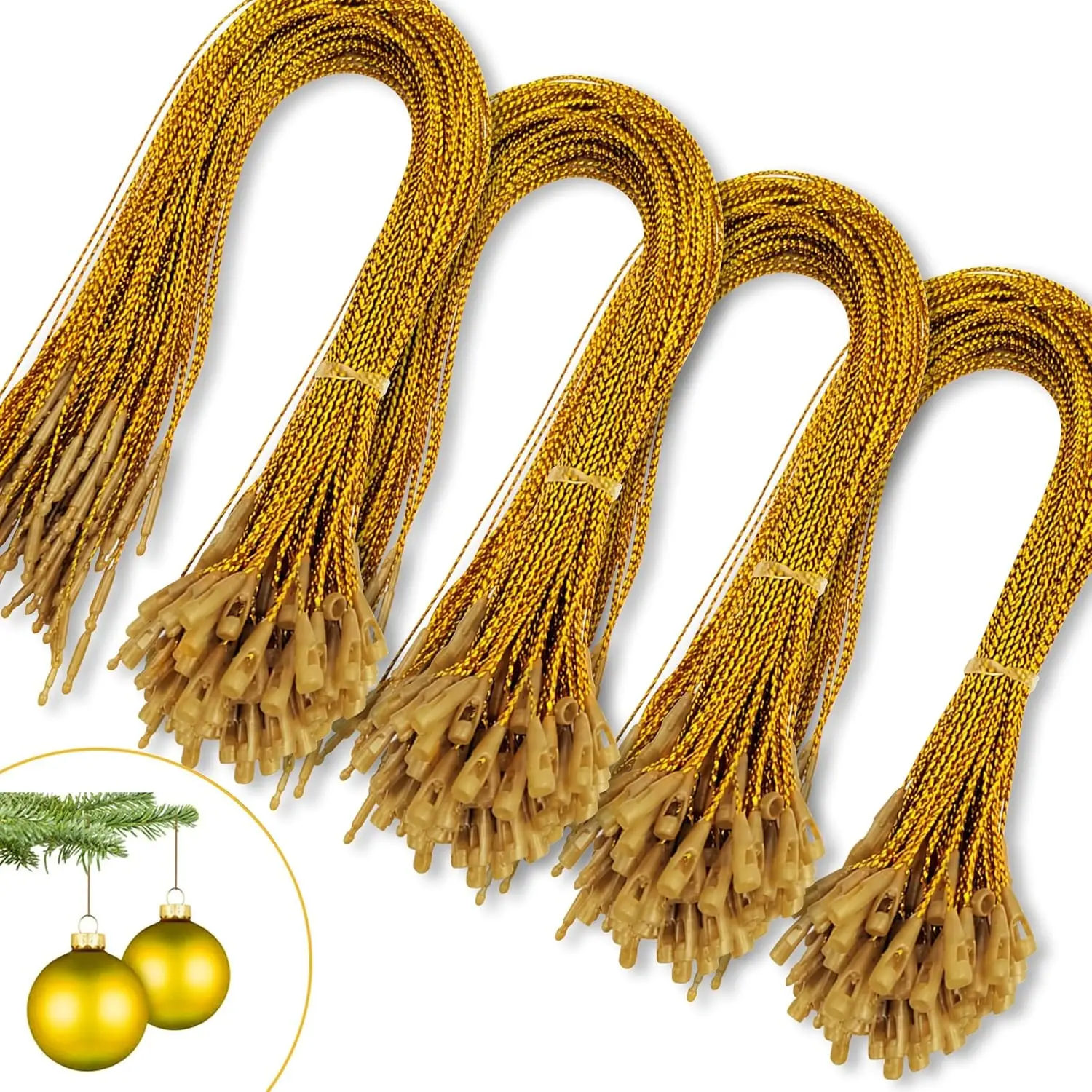 400pcs Gold Precut Ribbon String Hanger Hooks with Snap Fastener for Christmas Tree Ornament Decorations